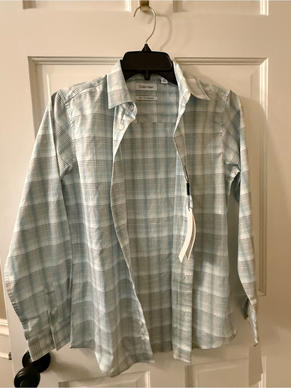 Calvin Klein Boy’ Light Blue/ Green and Tan Plaid Button-Down Shirt- NWT